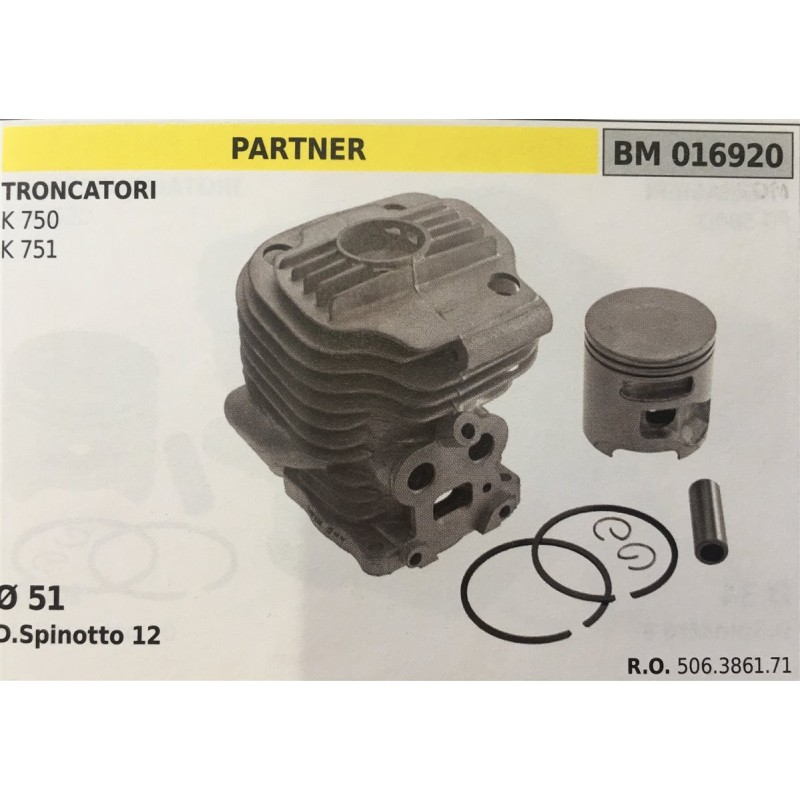 CILINDRO COMPLETO DI PISTONE E SEGMENTI BRUMAR  PARTNER TRONCATORI K 750 K 751    Ø 51 DSpinotto 12