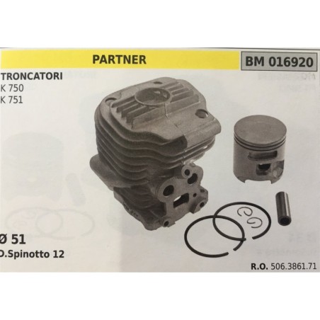 CILINDRO COMPLETO DI PISTONE E SEGMENTI BRUMAR  PARTNER TRONCATORI K 750 K 751    Ø 51 DSpinotto 12