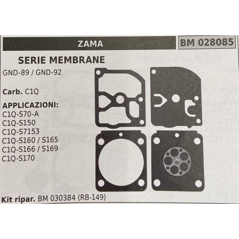 BRUMAR MEMBRANAKIT RIPARAZIONE ZAMA  SERIE MEMBRANE GND89  GND92  Carb C1Q  APPLICAZIONI: C1QS70A C1QS150 C1QS7153 C1QS160  S16