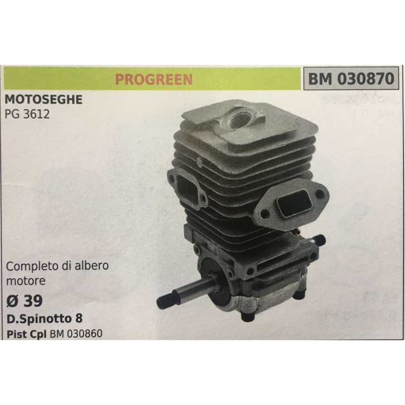 CILINDRO COMPLETO DI PISTONE E SEGMENTI BRUMAR  PROGREEN MOTOSEGHE PG 3612    completo di albero motore  Ø 39 DSpinotto 8 Pist