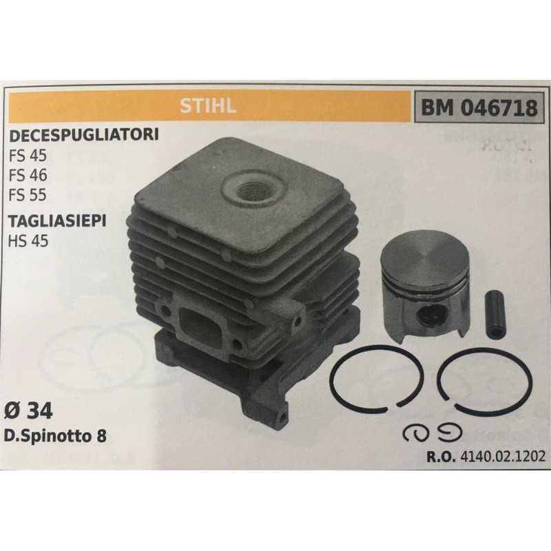 CILINDRO COMPLETO DI PISTONE E SEGMENTI BRUMAR  STIHL DECESPUGLIATORI FS 45 FS 46 FS 55 TAGLIASIEPI HS 45    Ø 34 DSpinotto 8