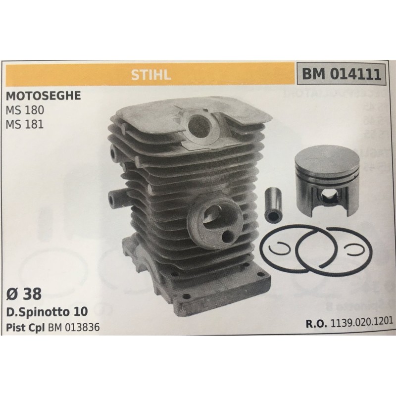 CILINDRO COMPLETO DI PISTONE E SEGMENTI BRUMAR STIHL MOTOSEGHE MS 180 MS 181    Ø 38 D Spinotto 10 Pist Cpl BM 013836