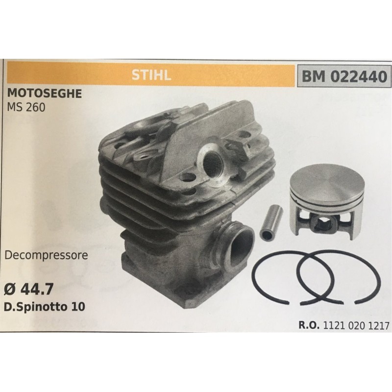CILINDRO COMPLETO DI PISTONE E SEGMENTI BRUMAR STIHL MOTOSEGHE MS 260    Decompressore  Ø 447 D Spinotto 10