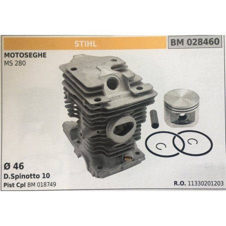 CILINDRO COMPLETO DI PISTONE E SEGMENTI BRUMAR STIHL MOTOSEGHE MS 280    Ø 46 D Spinotto 10 Pist Cpl BM 018749