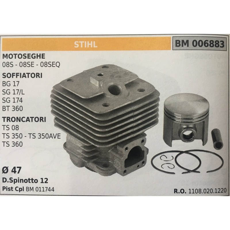 CILINDRO COMPLETO DI PISTONE E SEGMENTI BRUMAR STIHL MOTOSEGHE 08S  08SE  08SEQ SOFFIATORI BG 17 SG 17L SG 174 BT 360 TRONCATOR