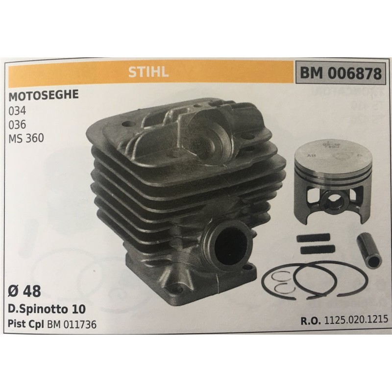 CILINDRO COMPLETO DI PISTONE E SEGMENTI BRUMAR STIHL MOTOSEGHE 034 036 MS 360    Ø 48 D Spinotto 10 Pist Cpl BM 011736