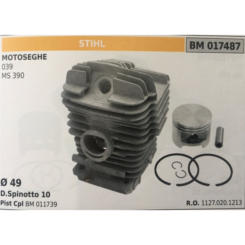 CILINDRO COMPLETO DI PISTONE E SEGMENTI BRUMAR STIHL MOTOSEGHE 039 MS 390    Ø 49 D Spinotto 10 Pist Cpl BM 011739