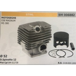 CILINDRO COMPLETO DI PISTONE E SEGMENTI BRUMAR STIHL MOTOSEGHE 038 MAGNUM MS 380    Ø 52 D Spinotto 12 Pist Cpl BM 011738