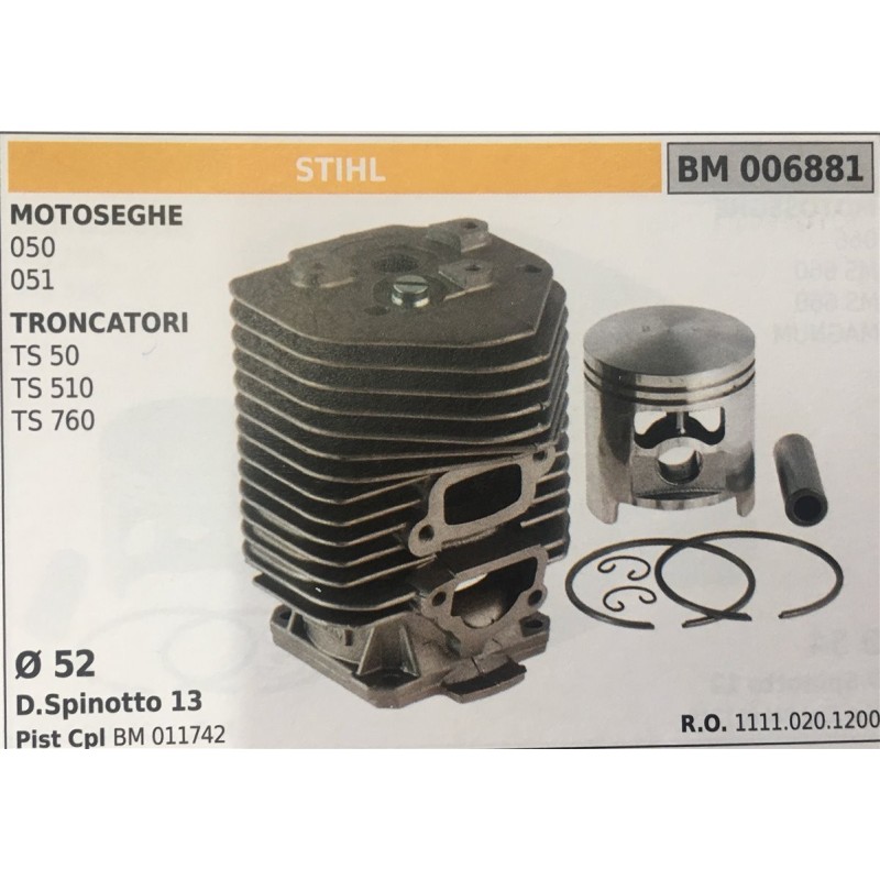 CILINDRO COMPLETO DI PISTONE E SEGMENTI BRUMAR STIHL MOTOSEGHE 050 051 TRONCATORI TS 50 TS 510 TS 760    Ø 52 D Spinotto 13 Pis