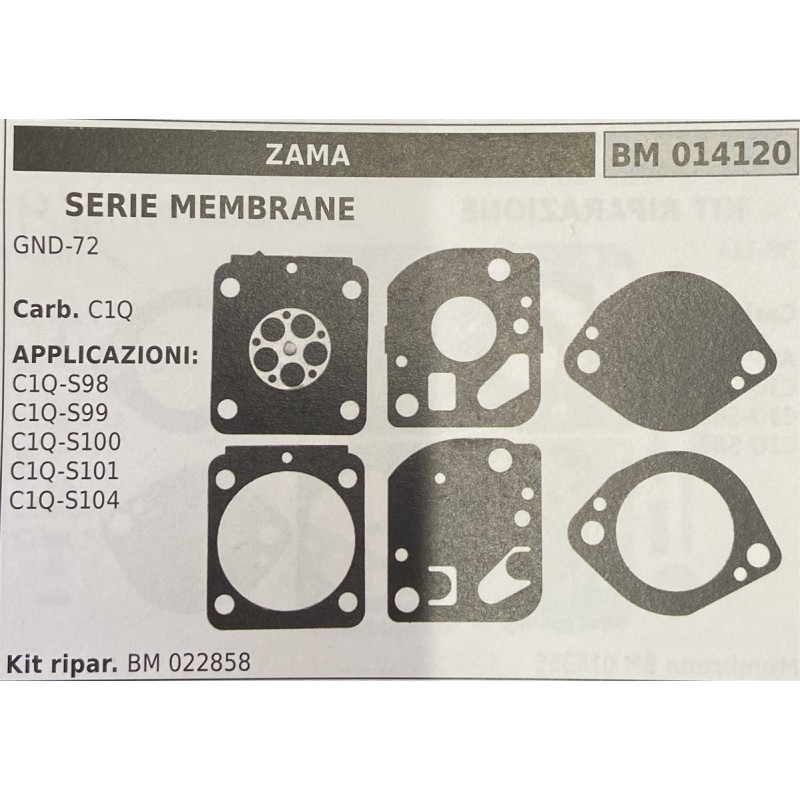 BRUMAR MEMBRANAKIT RIPARAZIONE ZAMA  SERIE MEMBRANE GND72  Carb C1Q  APPLICAZIONI: C1QS98 C1QS99 C1QS100 C1QS101 C1QS104  Kit r