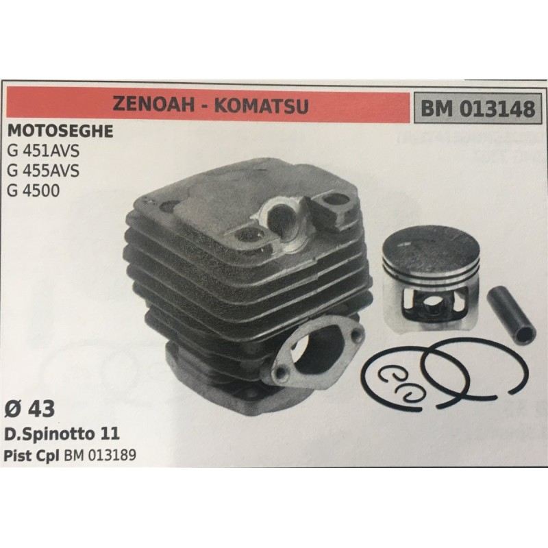 CILINDRO COMPLETO DI PISTONE E SEGMENTI BRUMAR ZENOAH  KOMATSU MOTOSEGHE G 451AVS G 455AVS G 4500    Ø 43 D Spinotto 11 Pist Cp