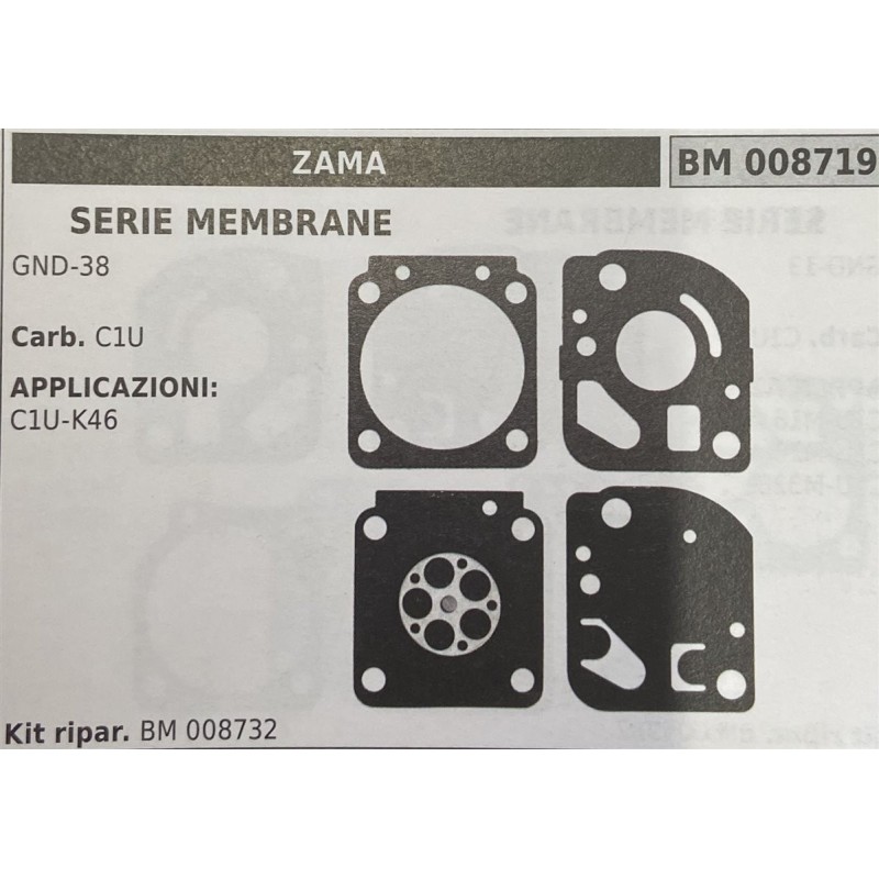 BRUMAR MEMBRANAKIT RIPARAZIONE ZAMA  SERIE MEMBRANE GND38  Carb C1U  APPLICAZIONI: C1UK46  Kit ripar BM 008732