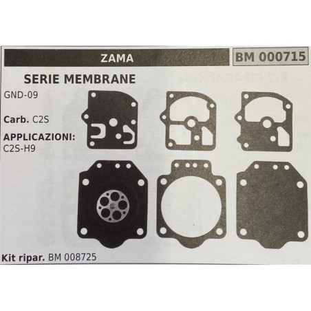 BRUMAR MEMBRANAKIT RIPARAZIONE ZAMA  SERIE MEMBRANE GND09  Carb C2S  APPLICAZIONI: C2H9  Kit ripar BM 008725