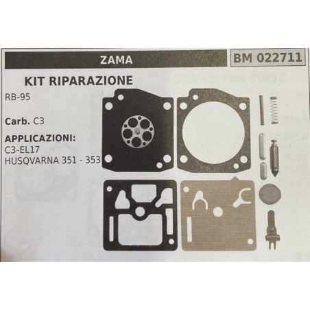BRUMAR MEMBRANAKIT RIPARAZIONE ZAMA  KIT RIPARAZIONE RB95  Carb C3  APPLICAZIONI: C3EL17 HUSQVARNA 351  353  Membrane