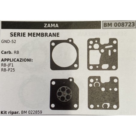 BRUMAR MEMBRANAKIT RIPARAZIONE ZAMA  SERIE MEMBRANE GND52  Carb RB  APPLICAZIONI: RBJF1 RBP25  Kit ripar BM 022859