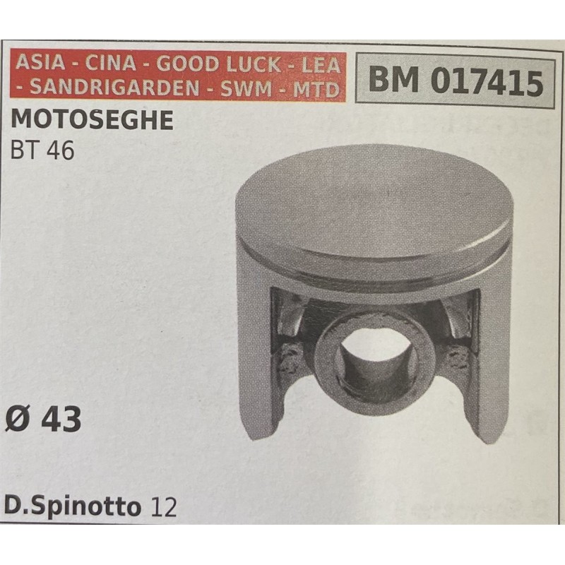 BRUMAR PISTONE COMPLETO ASIA  CINA  GOOD LUCK  LEA  SANDRIGARDEN  SWM  MTD MOTOSEGHE BT 46  Ø 43 DSpinotto 12  RO