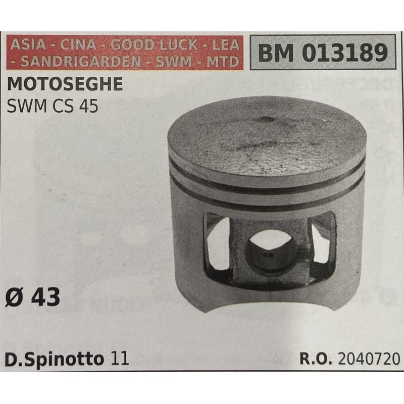 BRUMAR PISTONE COMPLETO ASIA  CINA  GOOD LUCK  LEA  SANDRIGARDEN  SWM  MTD MOTOSEGHE SWM CS 45  Ø 43 DSpinotto 11  RO 2040720