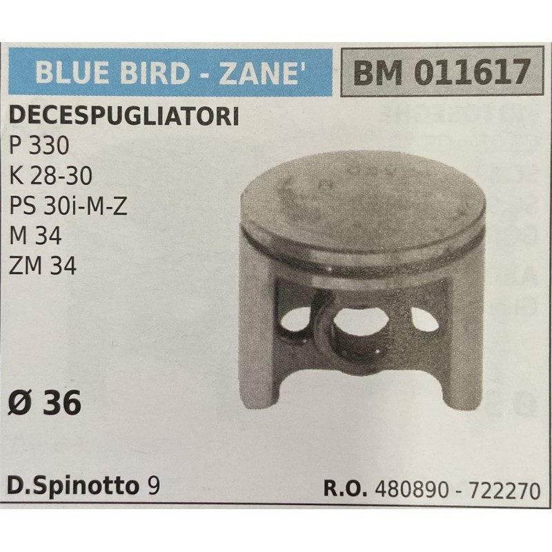 BRUMAR PISTONE COMPLETO BLUE BIRD  ZANE' DECESPUGLIATORI P 330 K 2830 PS 30iMZ M 34 ZM 34  Ø 36 DSpinotto 9  RO 480890  722270