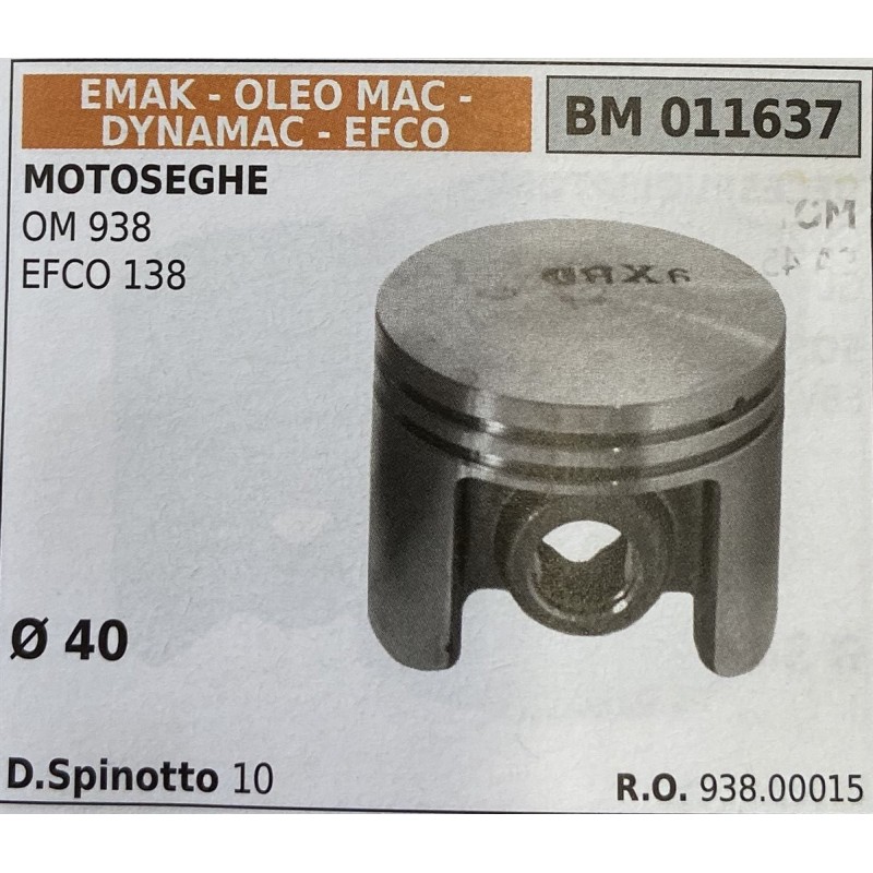 BRUMAR PISTONE COMPLETO EMAK  OLEO MAC  DYNAMAC  EFCO MOTOSEGHE OM 938 EFCO 138  Ø 40 DSpinotto 10  RO 93800015