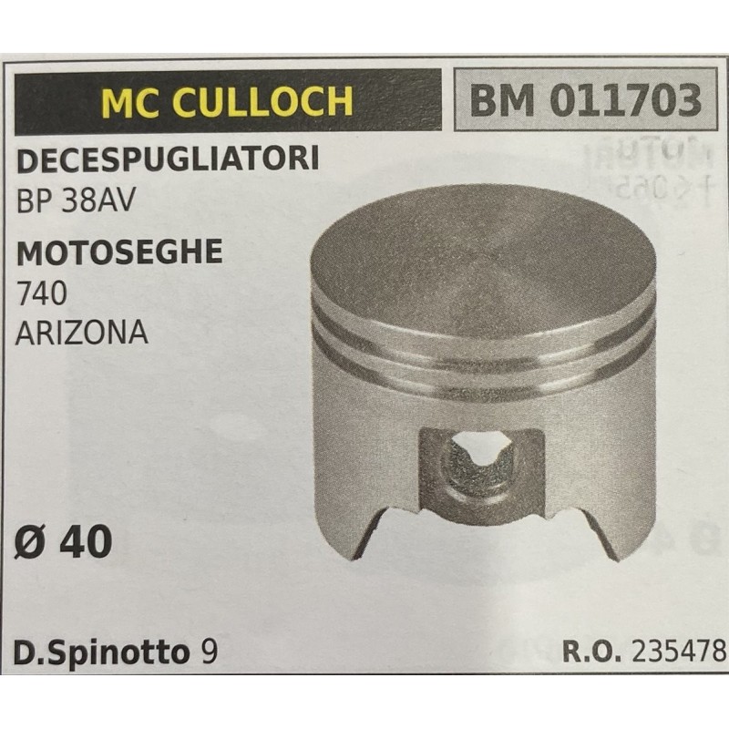 BRUMAR PISTONE COMPLETO MC CULLOCH DECESPUGLIATORI BP 38AV MOTOSEGHE 740 ARIZONA  Ø 40 D Spinotto 9  RO 235478