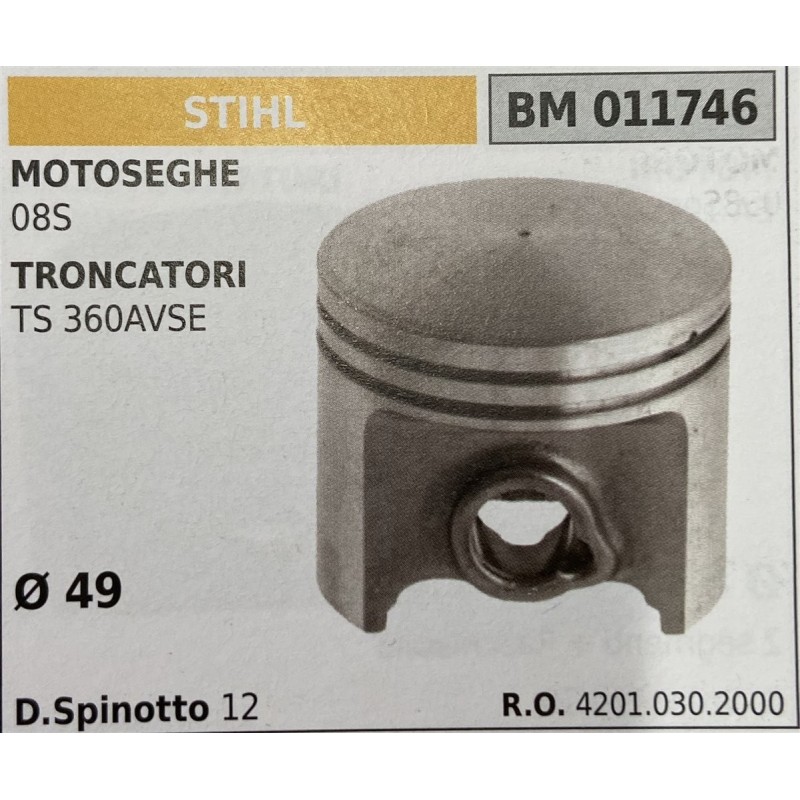 BRUMAR PISTONE COMPLETO STIHL MOTOSEGHE 08S TRONCATORI TS 360AVSE  Ø 49 D Spinotto 12 RO 42010302000