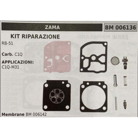 BRUMAR MEMBRANAKIT RIPARAZIONE ZAMA  KIT RIPARAZIONE RB51  Carb C1Q  APPLICAZIONI C1QM1  Membrane BM 006142