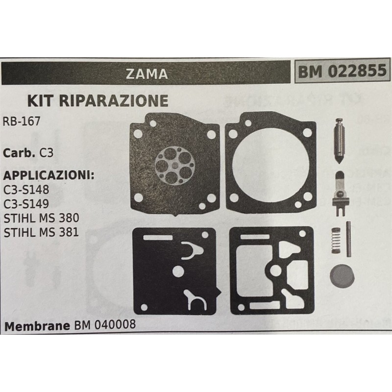 BRUMAR MEMBRANAKIT RIPARAZIONE ZAMA  KIT RIPARAZIONE RB167  Carb C3  APPLICAZIONI C3S148 C3S149 STIHL MS 380 STIHL MS 381  Memb