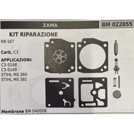 BRUMAR MEMBRANAKIT RIPARAZIONE ZAMA  KIT RIPARAZIONE RB167  Carb C3  APPLICAZIONI C3S148 C3S149 STIHL MS 380 STIHL MS 381  Memb