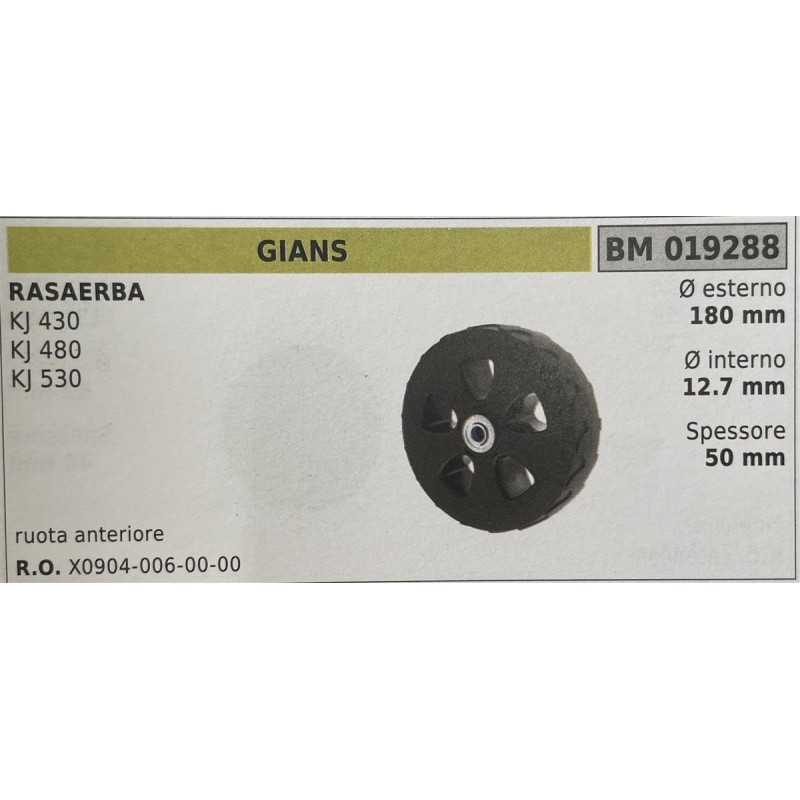 BRUMAR RUOTA RASAERBA GIANS  RASAERBA KJ 430 KJ 480 KJ 530  ruota anteriore Ø esterno 180 mm Ø interno 127 mm spessore 50 mm  R