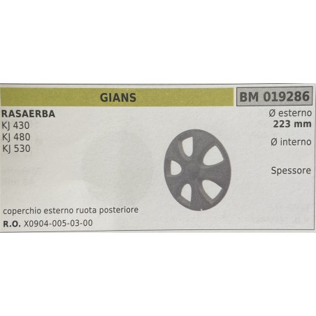 BRUMAR RUOTA RASAERBA GIANS  RASAERBA KJ 430 KJ 480 KJ 530  coperchio esterno ruota posteriore Ø esterno 223 mm Ø interno  spes