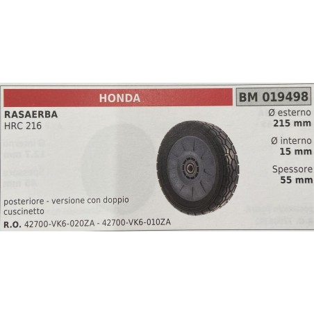 BRUMAR RUOTA RASAERBA HONDA  RASAERBA HRC 216  posteriore  versione con doppio cuscinetto Ø esterno 215 mm Ø interno 15 mm spes