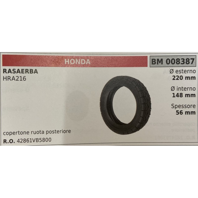BRUMAR RUOTA RASAERBA HONDA  RASAERBA HRA216  copertone ruota posteriore Ø esterno 220 mm Ø interno 148 mm spessore 56 mm  RO 4