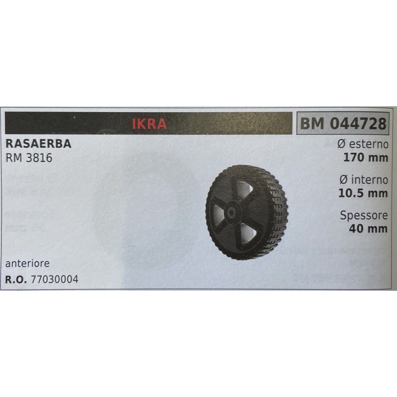 BRUMAR RUOTA RASAERBA IKRA  RASAERBA RM 3816   anteriore Ø esterno 170 mm Ø interno 105 mm spessore 40 mm  RO 77030004
