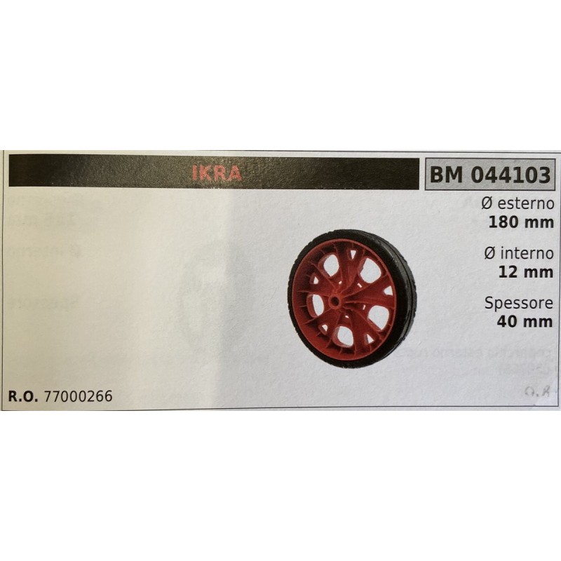 BRUMAR RUOTA RASAERBA IKRA  Ø esterno 180 mm Ø interno 12 mm spessore 40 mm  RO 77000266