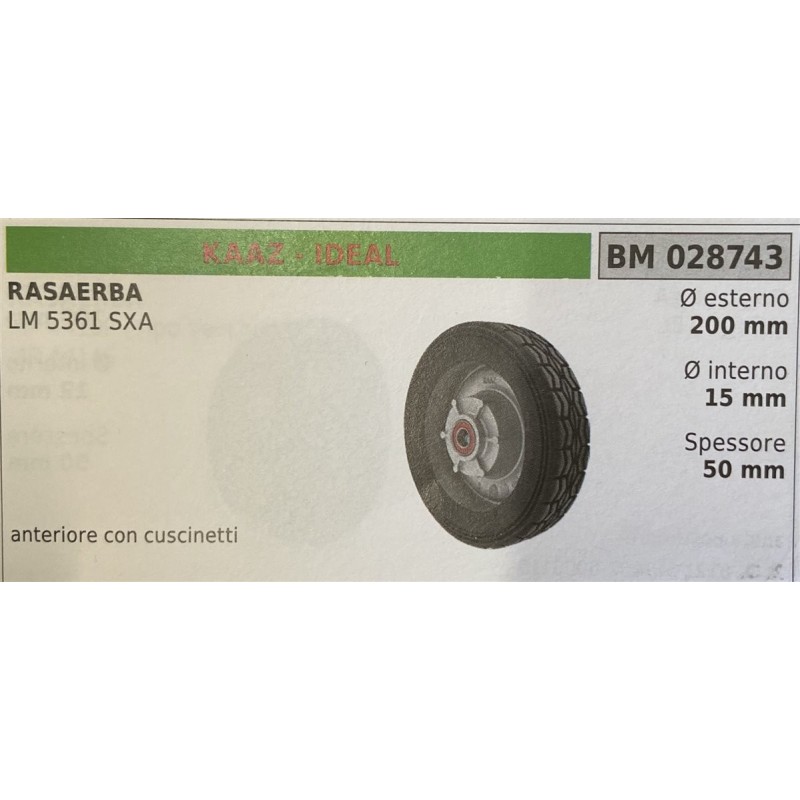 BRUMAR RUOTA RASAERBA KAAZ  IDEAL  RASAERBA LM 5361 SXA  anteriore con cuscinetti Ø esterno 200 mm Ø interno 15 mm spessore 50
