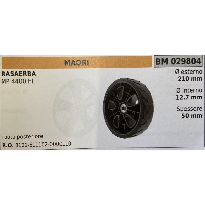 BRUMAR RUOTA RASAERBA MAORI  RASAERBA MP 4400 EL  ruota posteriore Ø esterno 210 mm Ø interno 127 mm spessore 50 mm  RO 8121511