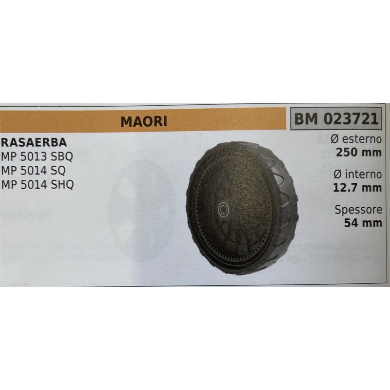 BRUMAR RUOTA RASAERBA MAORI  RASAERBA MP 5013 SBQ MP 5014 SQ MP 5014 SHQ  Ø esterno 250 mm Ø interno 127 mm spessore 54 mm  RO