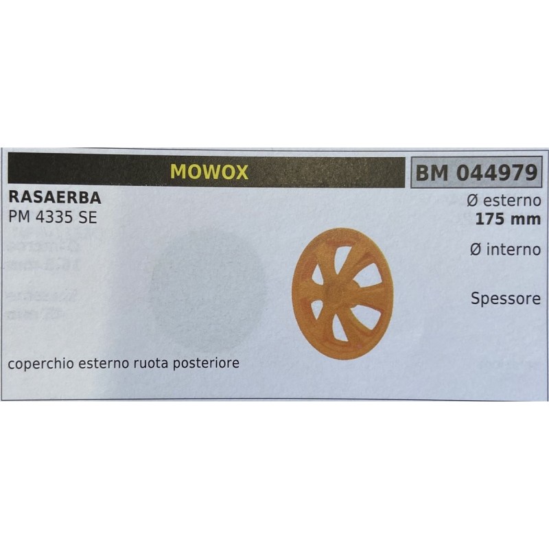 BRUMAR RUOTA RASAERBA MOWOX  RASAERBA PM 4335 SE  coperchio esterno ruota posteriore Ø esterno 175 mm Ø interno  spessore   RO