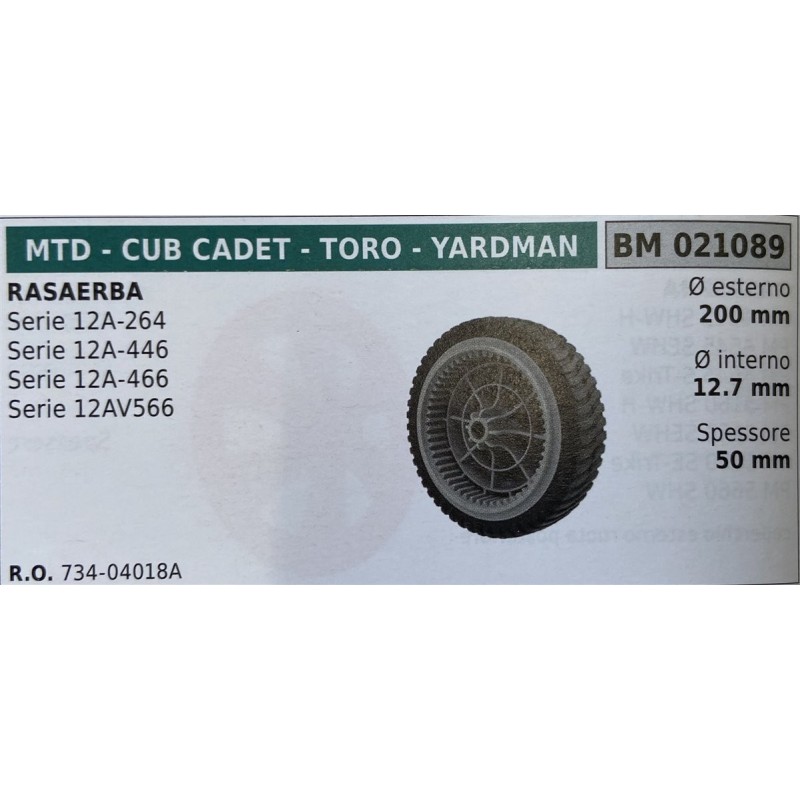 BRUMAR RUOTA RASAERBA MTD  CUB CADET  TORO  YARDMAN  RASAERBA Serie 12A264 Serie 12A446 Serie 12A466 Serie 12AV566  Ø esterno 2