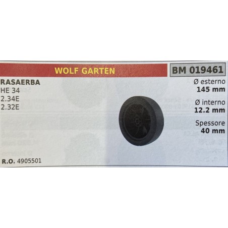 BRUMAR RUOTA RASAERBA WOLF GARTEN  RASAERBA HE 34 234E 232E  Ø esterno 145 mm Ø interno 122 mm spessore 40 mm  RO 4905501