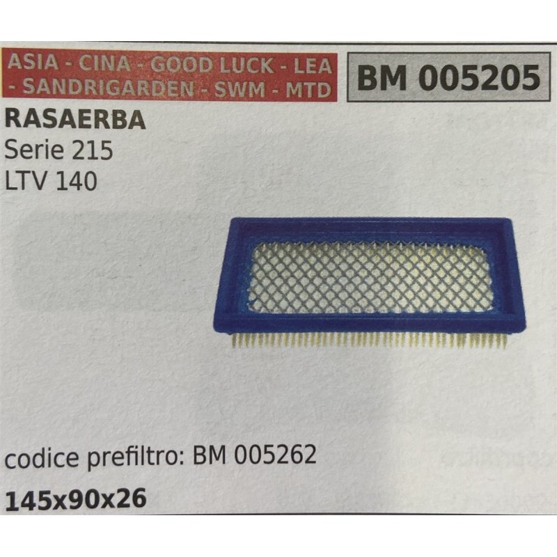 BRUMAR FILTRO ASIA  CINA  GOOD LUCK  LEA  SANDRIGARDEN  SWM  MTD  RASAERBA Serie 215 LTV 140  codice prefiltro BM 005262 145x90