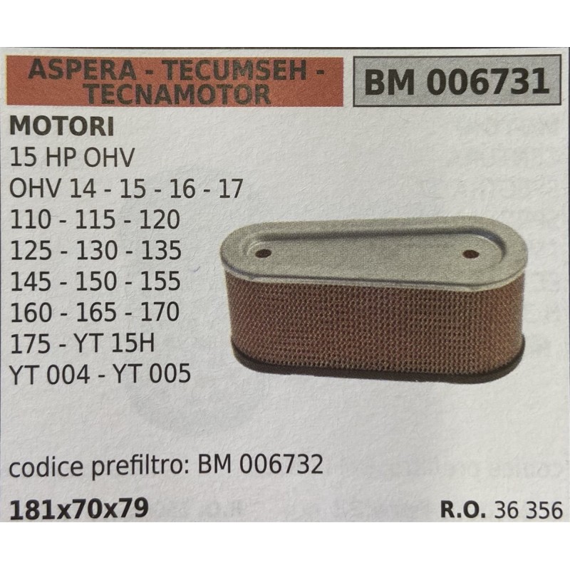 BRUMAR FILTRO ASPERA  TECUMSEH  TECNAMOTOR  MOTORI 15 HP OHV OHV 14  15  16  17 110  115  120 125  130  135 145  150  155 160