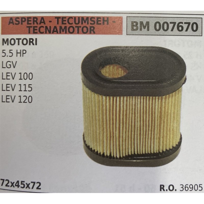 BRUMAR FILTRO ASPERA  TECUMSEH  TECNAMOTOR  MOTORI 55 HP LGV LEV 100 LEV 115 LEV 120  72x45x72 RO 36905