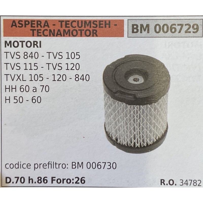 BRUMAR FILTRO ASPERA  TECUMSEH  TECNAMOTOR  MOTORI TVS 840  TVS 150 TVS 115  TVS 120 TVXL 105  120  840 HH 60 a 70 H 50  60  co