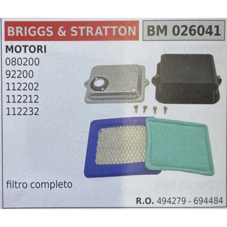 BRUMAR FILTRO BRIGGS & STRATTON  MOTORI 080200 92200 112202 112212 112232  filtro completo RO 494279  694484