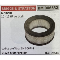 BRUMAR FILTRO BRIGGS & STRATTON  MOTORI 10  12 HP verticali  codice prefiltro BM 006744 D127 h60 Foro89 RO 392286