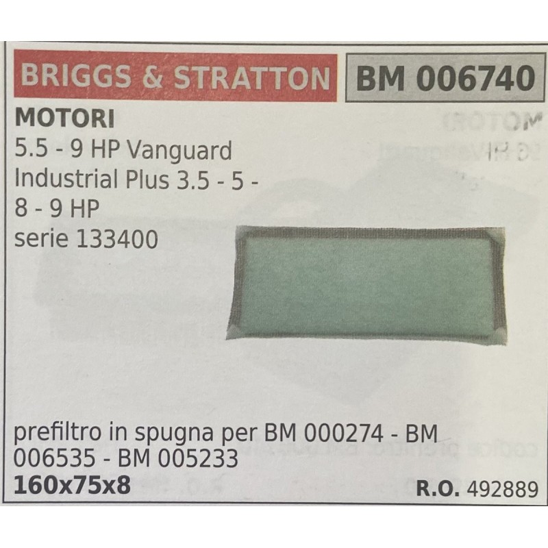 BRUMAR FILTRO BRIGGS & STRATTON  MOTORI 55  9 Vanguard Industrial Plus 35  5  8  9 HP serie 133400  prefiltro in spugna per BM