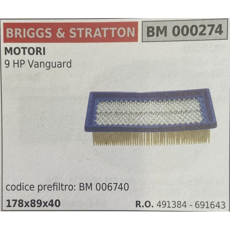 BRUMAR FILTRO BRIGGS & STRATTON  MOTORI 9 HP Vanguard  codice prefiltro BM 006740 178x89x40 RO 491384  691643