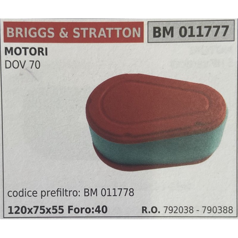BRUMAR FILTRO BRIGGS & STRATTON  MOTORI DOV 70  codice prefiltro BM 011778 120x75x55 Foro40 RO 792038  790388