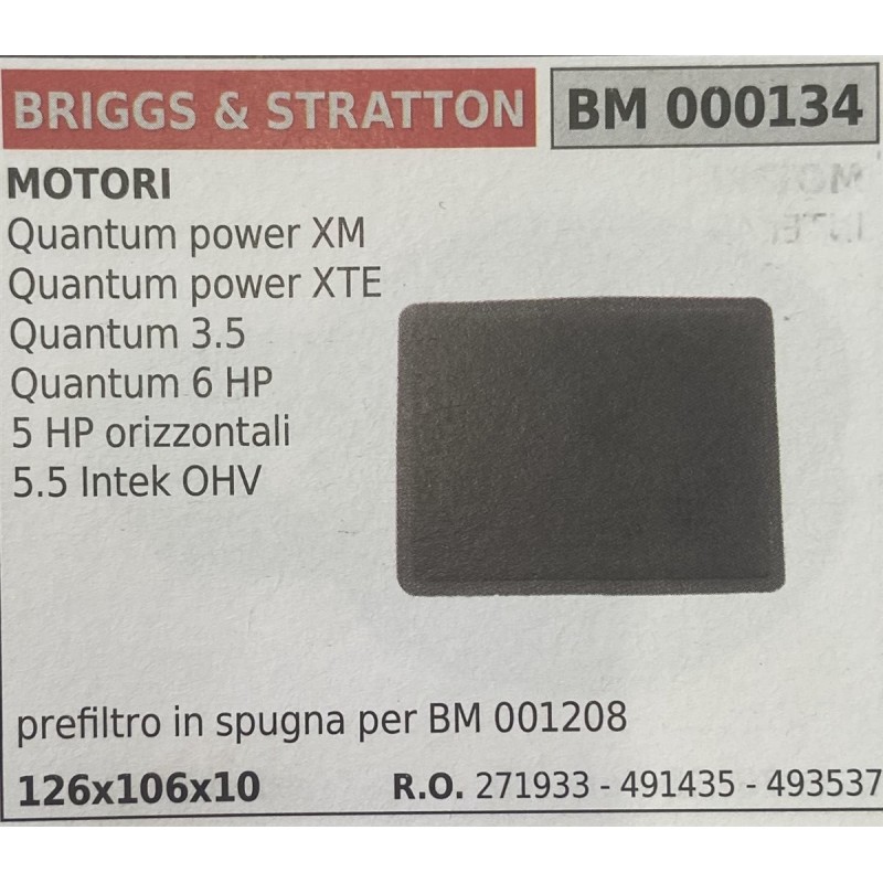 BRUMAR FILTRO BRIGGS & STRATTON  MOTORI Quantum power XM Quantum power XTE Quantum 35 Quantum 6 HP 5 HP orizzontali 55 Intek OH